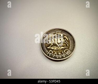 Dirty coin. South Africa money. Five Rand coin. R5. Bimetal coin. Stock Photo