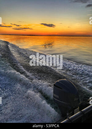 Speed boat wake at sunset Anclote Key Florida USA Stock Photo