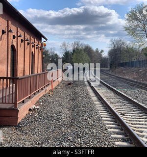 Train station and tracks, Windsor, Connecticut, United States. The structure was built in 1870. Stock Photo