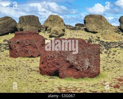 Fallen Moai and Pukao on Easter Island, Chile Stock Photo