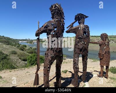 Statue representing the Lewis and Clark expedition in great Falls Montana Stock Photo