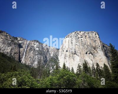 El Capitan with the rarely visible Ribbon Falls in Yosemite Valley, California. Stock Photo