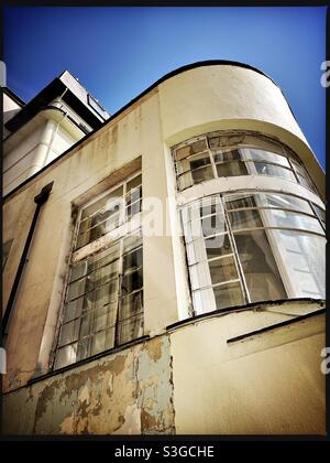 Looking up at the Regent Hotel in Oban, Scotland which was in poor condition.   Part Victorian and Art Deco style, it has now been refurbished. Stock Photo