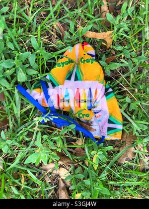 A child’s mask on the grass. Stock Photo