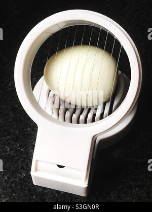 Hard boiled egg in an egg slicer, waiting for the chop. Stock Photo