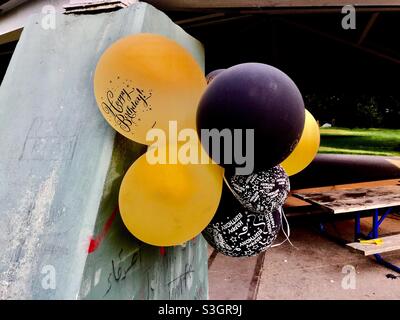 Happy Birthday balloons at an outdoors party. Let the fun begin. Ontario, Canada Stock Photo