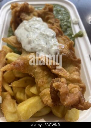 Hospital Food Fish Chips and Mushy Peas Stock Photo