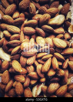 A close up photograph of mixed nuts. Almond, walnuts and Brazil nuts Stock Photo