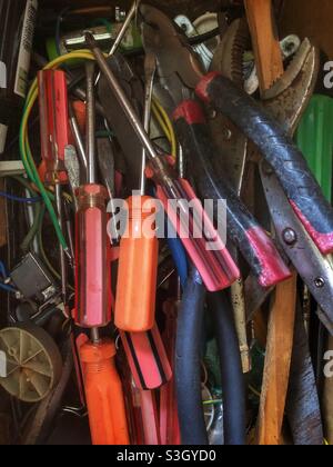 Tools pilled up in a box Stock Photo