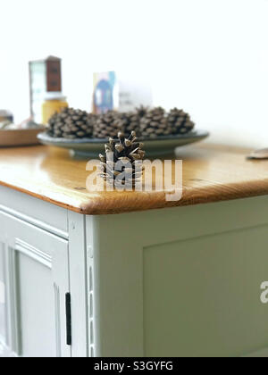 A photo of a pine cone sitting on the edge of a set of cupboards. Stock Photo