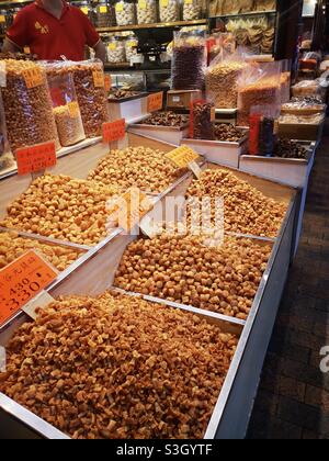 Dried seafood and dehydrated delicacies on sale at a shop in Sheung Wan street market on Des Voeux Rd, where more than 300 similar shops have operated here since the 19th century. Stock Photo