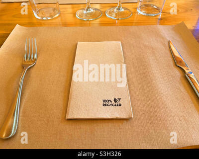 100% recycled paper napkin and tablecloth. Stock Photo