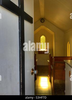 Looking into the small wooden chapel in Niagara-on-the-Lake, Canada. Stock Photo