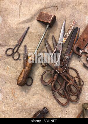 Rusty tools and scissors Stock Photo
