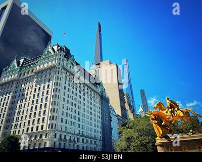 The plaza hotel and the new super tall skyscrapers as seen from grand Army Plaza, 2021, NYC, USA Stock Photo
