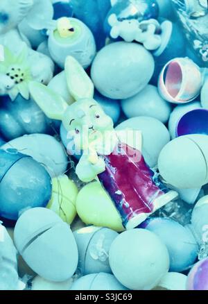 Vintage plastic rabbit and Easter eggs on art car Houston Texas art car weekend Stock Photo