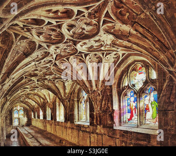 The lavatorium section of the Cloisters area in Gloucester Cathedral. This was where the monks would wash their hands. Recently a film location of some Harry Potter movies. Photo ©️ COLIN HOSKINS. Stock Photo