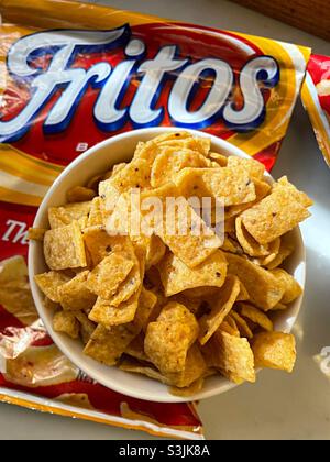 Close up of a bowl of the crispy corn snack Fritos, 2021, USA Stock Photo