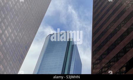 LOS ANGELES, CA, JAN 2021: Detail of skyscrapers and reflections in Downtown Financial District on overcast day Stock Photo