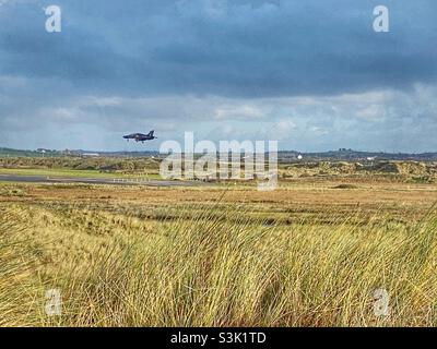 Aircraft coming in to land at RAF Valley, Anglesey, North wales, uk Stock Photo