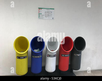 Recycling bins at supermarket entrance in France Stock Photo