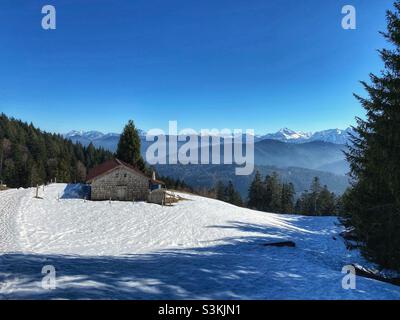 Alpine view with pine trees and snow from the top of Brauneck mountain in Bavarian Alps, Germany. Stock Photo