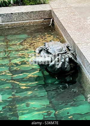Close up of a crab statue in one of the fountains at Rockefeller Center channel Gardens, New York City, United States