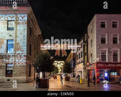 Henry Street in Dublin Ireland with the winter festive lights switched on. Stock Photo