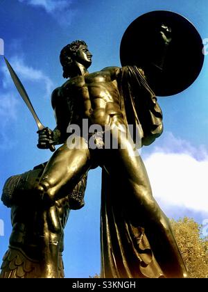 The towering Wellington Monument, Hyde Park, London, represented by the figure of Achilles the warrior. Stock Photo