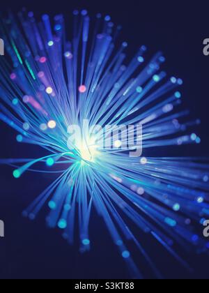 A starburst effect photograph of a fibre optic lamp in pink purple and blue colours Stock Photo