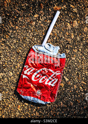Crushed Coke can, Hong Kong Stock Photo