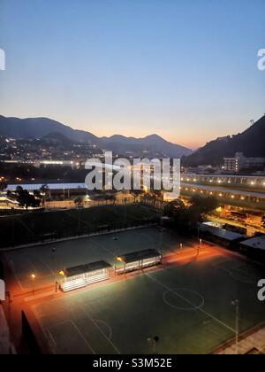 A view of the football pitches in Wong Chuk Hang, Hong Kong. Stock Photo