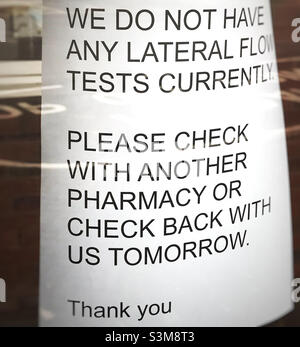 No lateral flow tests available sign in the pharmacy window Stock Photo
