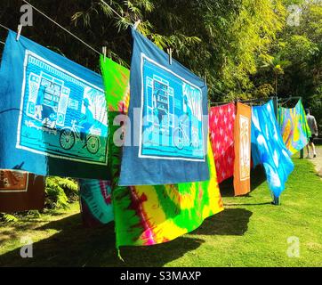Caribelle Batik Prints drying in the sun at Romney Manor on the island of St.Kitts in the West Indies Stock Photo
