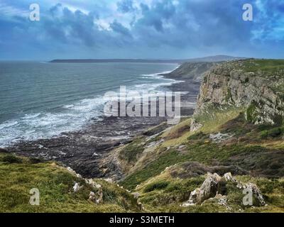 Gower coast looking from Rotherslade towards Three Cliffs Bay, Swansea, South west Wales, January. Stock Photo
