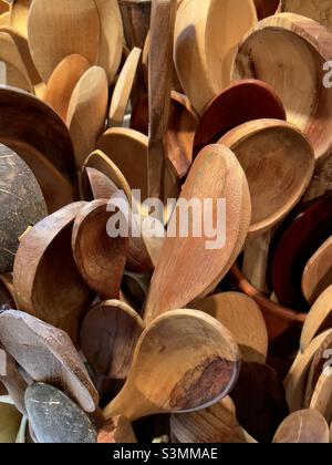 A collection of souvenir wooden spoons from all over the world Stock Photo