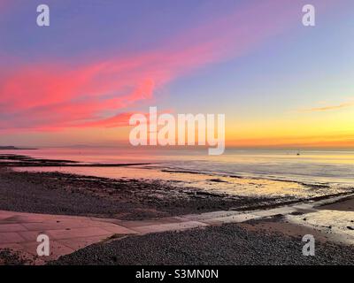 Dawn over the Bristol Channel on  a cold January morning from Penarth, South Wales. Stock Photo