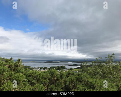 The best scenic views of the Irish countryside and Clew Bay are seen from hiking up Croagh Patrick Mountain Stock Photo