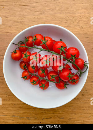 Bowl of red Cherry tomatoes on the vine Stock Photo
