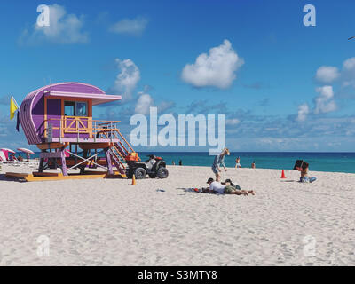 December, 2021, 17th Street Lifeguard Station, South Beach, Miami Beach, Florida, United States, North America Stock Photo