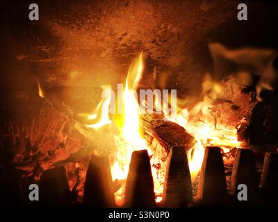 Wood burning in a wood burning stove Stock Photo