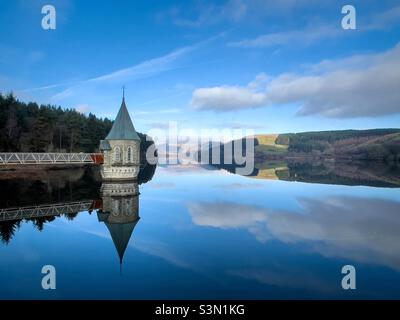 Valve tower at Pontsticill reservoir in the Brecon Beacons National park. Stock Photo