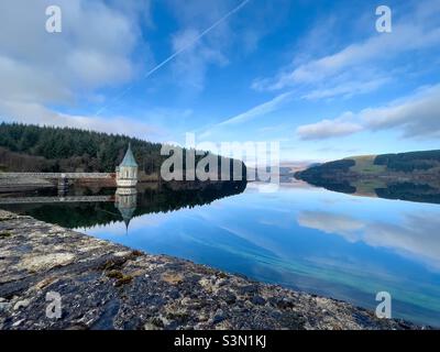Valve tower on Pontsticill reservoir in the Brecon Beacons Stock Photo