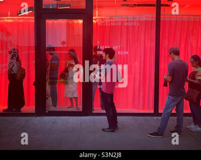 December 5, 2021, people lining up to experience Andres Reisinger’s “The Smell of Pink” during Miami Art Basel, Faena Art Project Room, Faena District, Mid-Beach, Miami Beach, Florida, United States Stock Photo