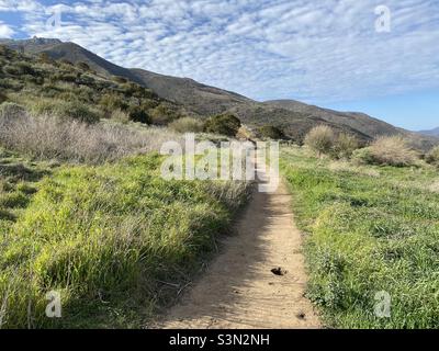 Hiking trail through grasslands and shrubs in Point Mugu State Park and Santa Monica Mountains, California. Lots of small clouds in sky Stock Photo