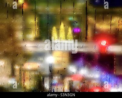 An abstract, painterly rendition of Salt Lake City, Utah, USA during Christmas 2021. The view is looking down Main Street towards the City Creek Center bridge at night. Stock Photo