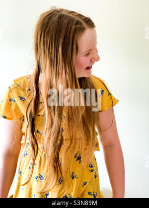 Young 11 year old girl smiling Stock Photo