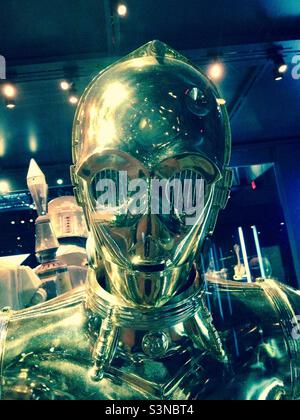 Closeup of C3PO Star Wars character at the Star Wars Identity exhibit. Stock Photo