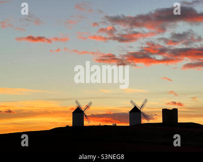 Windmills at sunset. Tembleque, Toledo province, Castilla La Mancha, Spain. Stock Photo