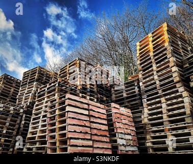 ‘Pallet Skyscraper’ Wooden Pallets stacked up high towards the sky